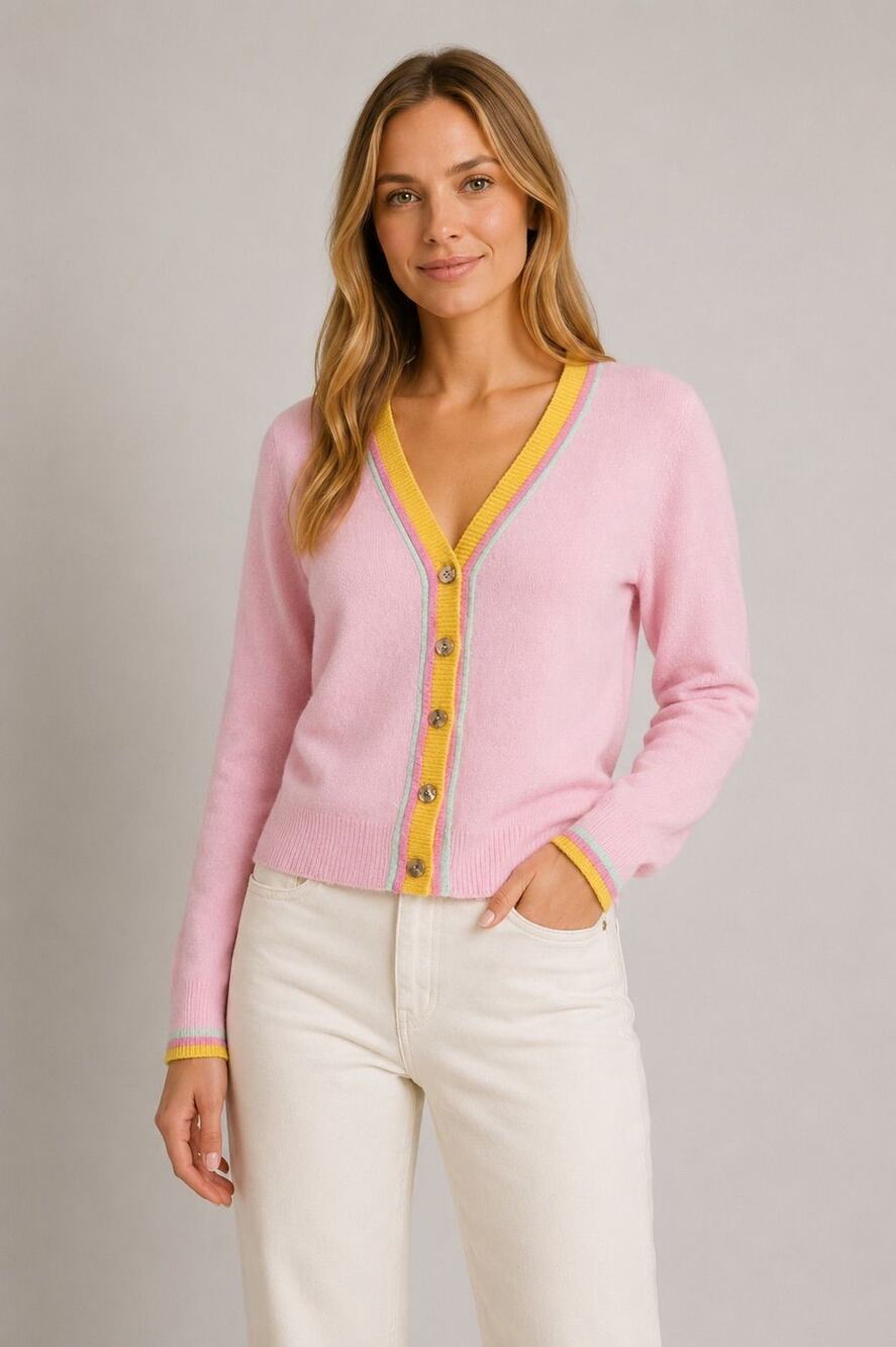 Minnie Rose 100% Cashmere Smiley Elbow Cardigan Pink